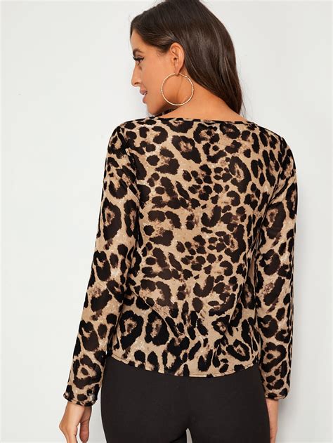 neck leopard print blouse shein