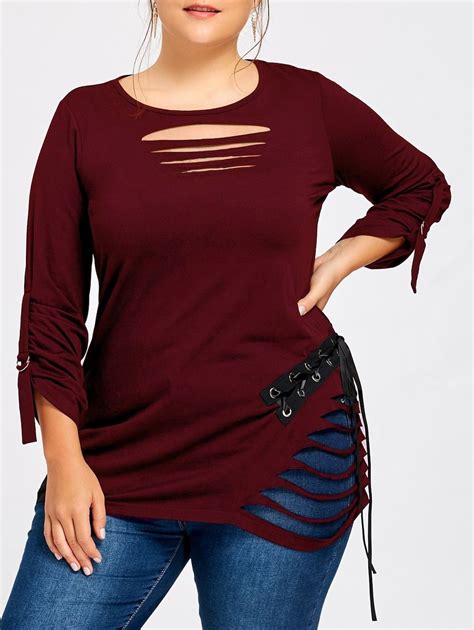 Plus Size Ripped Lace Up Top Plus Size Outfits Tunic Tops Trendy