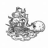 Kraken Ship Tattoo Attacking Grayscale Monster Sea Patrimonio Aloysius Giant Digital Illustration Cephalopod Legendary Style Sailing Its Behance 28th Piece sketch template