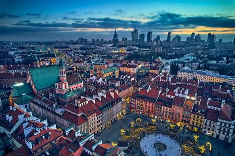 Beautiful Panoramic Aerial Drone Skyline Sunset View Of The Warsaw City
