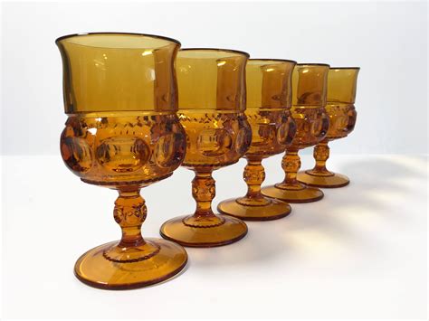 vintage amber glass wine water glasses decorative sides stems  impressions sturdy
