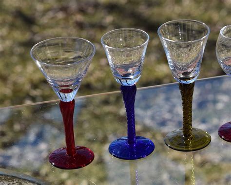 vintage multi colored twisted stem liquor wine cordials glasses set