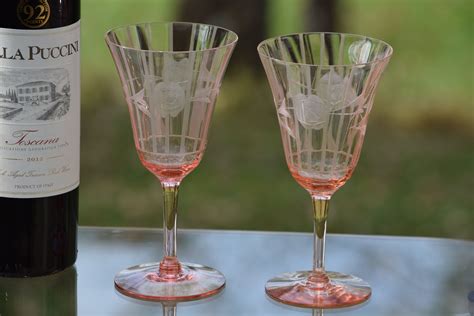 Vintage Etched Pink Optic Glass Wine Glasses Set Of 4 Vintage Pink