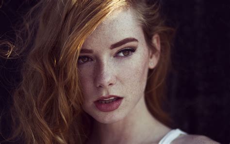 Women Model Face Long Hair Redhead Freckles Open