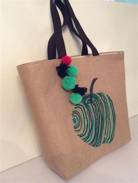green apple jute tote bag handmade shoppers bag hand etsy   jute tote bags tote bags
