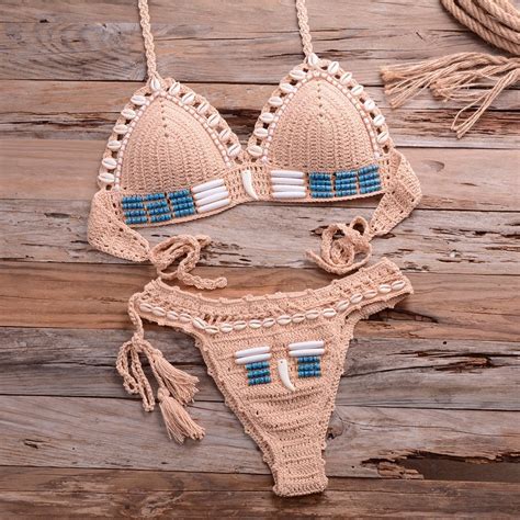 Sexy Blue Shell Beaded Bikinis Set Handmade Crochet High Quality
