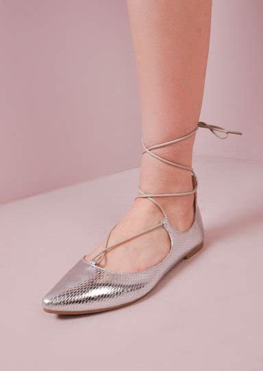 Lace Up Pointed Ballet Closed Toe Flats Silver