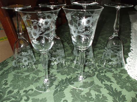 Crystal Stemware Tall Wine Glasses Etched Floral Leaves Etsy