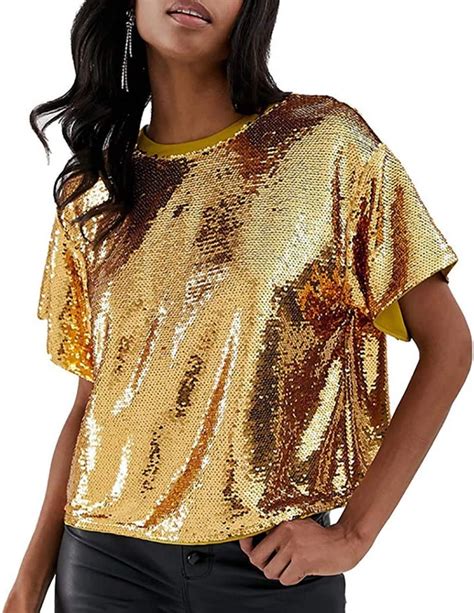 quskto womens sparkly sequin top womens gold sequin  shirt tops stage wear split  open
