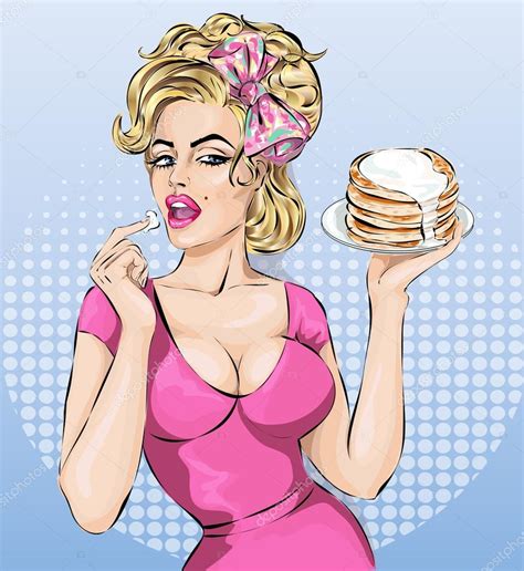 Sexy Pop Art Woman Portrait With Pancakes Pin Up — Stock Vector