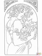 Mucha Coloring Alphonse Pages Fruit Nouveau Printable Alfons Color Spring Drawing Adults Nature sketch template