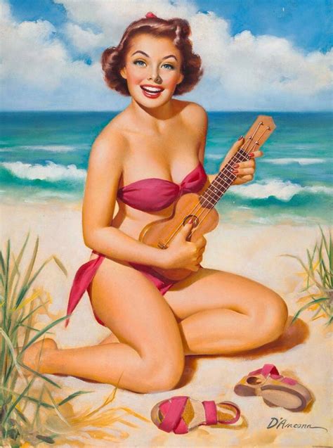 1940s pin up girl ukulele on the beach picture poster