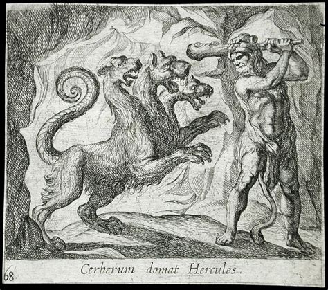 engraving shows  men fighting  animals  front   demon   man