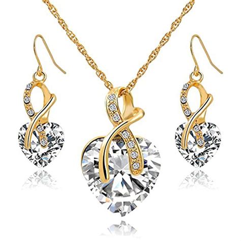 gift gold plated jewelry sets  women crystal heart necklace earrings jewellery set bridal
