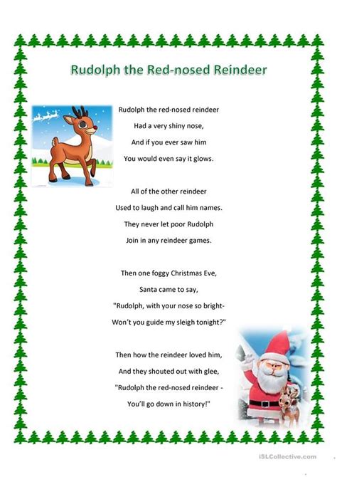 rudolph  red nosed reindeer song  ws english esl worksheets