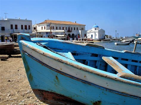 weathered fishing boat   port harbor  mykonos greece encircle