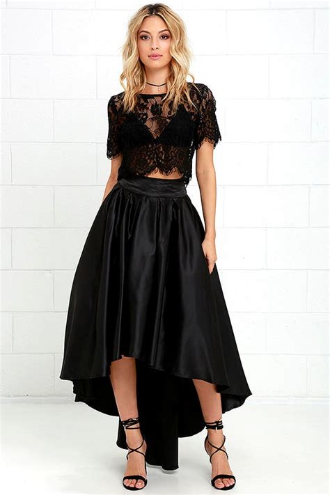 lovely black skirt satin skirt high low skirt 93 00 lulus