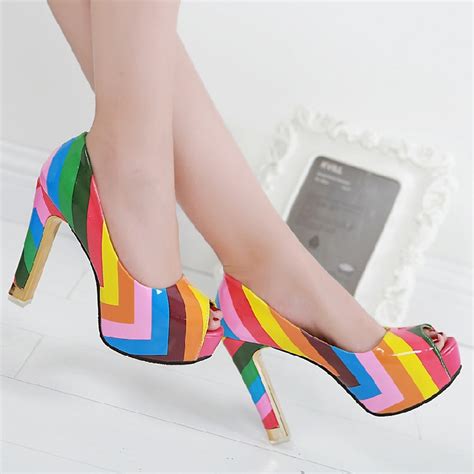 Women Leather Rainbow Colorful High Heel Shoes Multi Color Pumps Rivets
