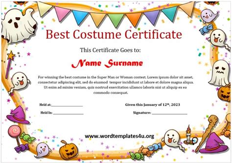 costume certificate printable