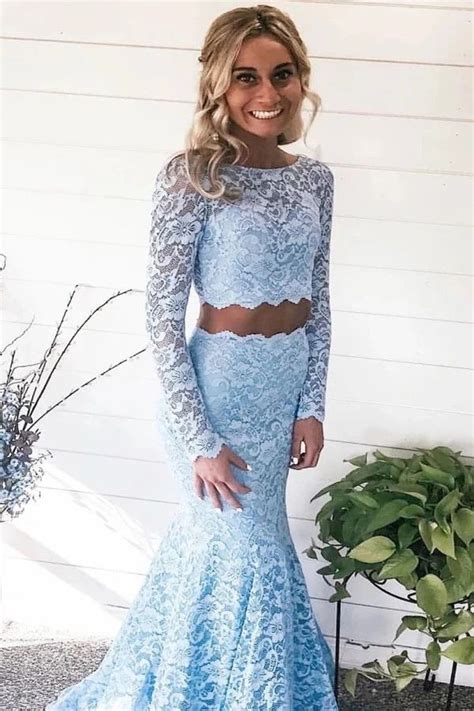 light sky blue long sleeves mermaid  piece prom dresses long lace evening dress  prom