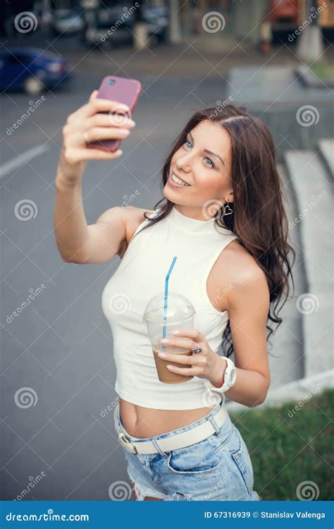 Beautiful Girl Taking A Selfie In The Street Stock Image Image Of