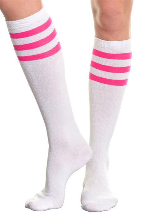 white knee high sock with neon stripe