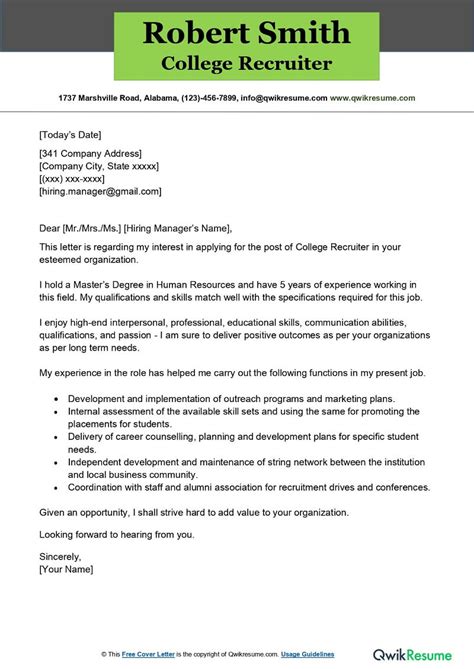 college recruiter cover letter examples qwikresume