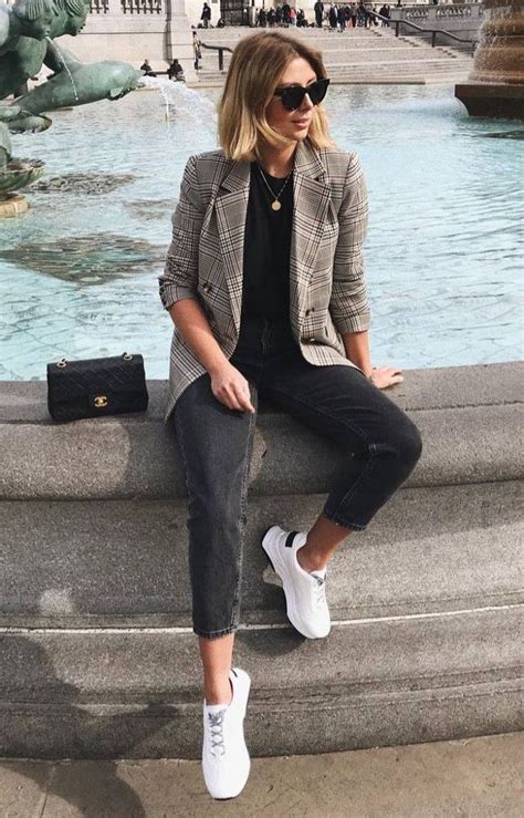 Plaid Blazer Outfit With Sneakers Women Business Casual Fashion