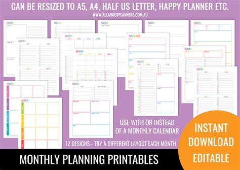 monthly planning printables editable instant