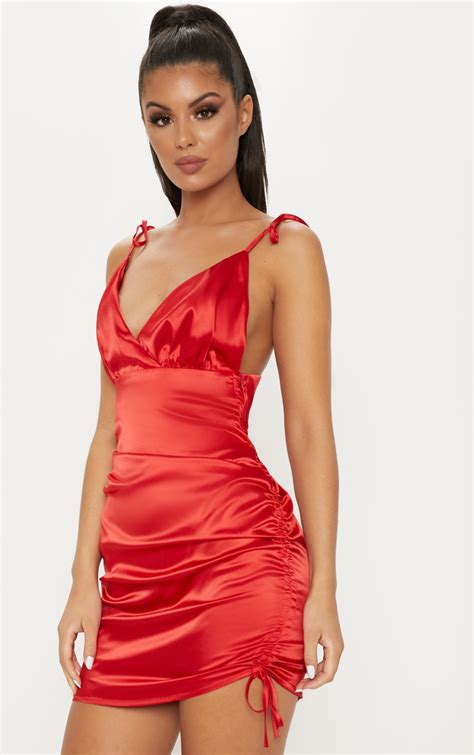 Red Satin Strappy Ruched Bodycon Dress Prettylittlething