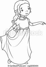 Girl Cartoon Wearing Dress Coloring Long Book Classic Clipart Vector Illustration Clip Drawing Line sketch template