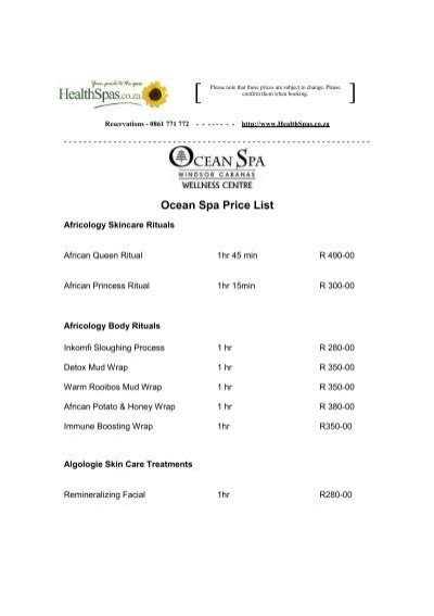 ocean spa price list health spas guide
