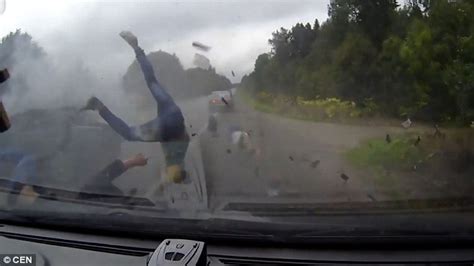 video shows three russian passengers are flung from a lada in a crash