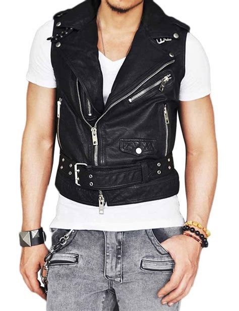 mens black leather vest asymmetrical belted outfit