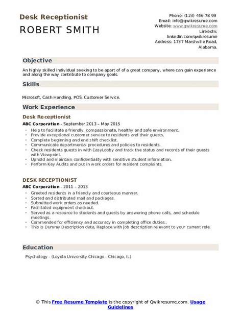 desk receptionist resume samples qwikresume