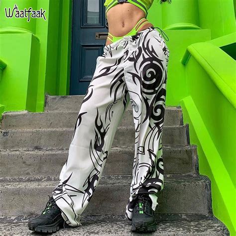 waatfaak hip hop white baggy pants women streetwear print straight