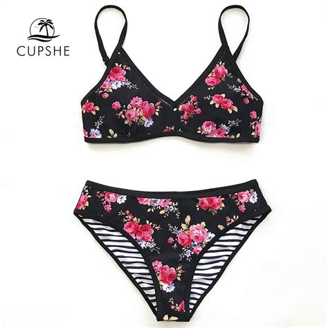 cupshe floral and stripe reversible bikini sets women sexy thong two