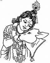 Krishna Coloring Drawing Clipart Pages Lord Janmashtami Sri Cow Festival Shri Flute Ji Adult Line Sketch Kids Cliparts Happy Colouring sketch template