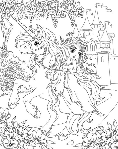 princess riding unicorn  castle coloring page  printable