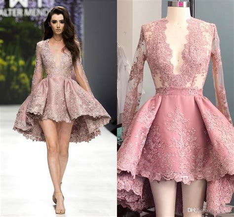 High Low Blush Pink Short Cocktail Dresses Sheer Long Sleeves Prom