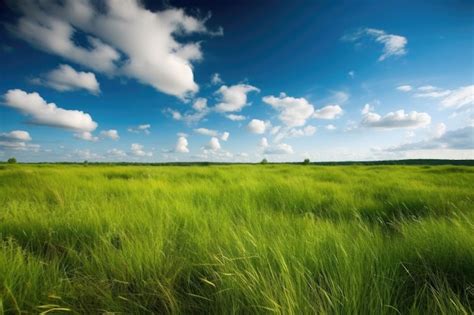 Premium Ai Image Serene Landscape With Green Grass And Fluffy Clouds