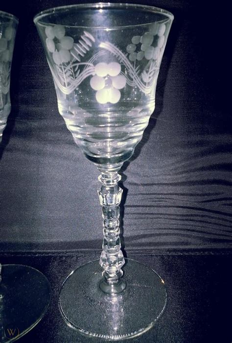 Vintage Etched Crystal Wine Glasses In Floral Pattern
