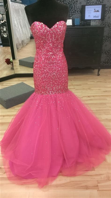 Mermaid Sweetheart Corset Back Hot Pink Tulle Beaded Sparkly Prom Dress