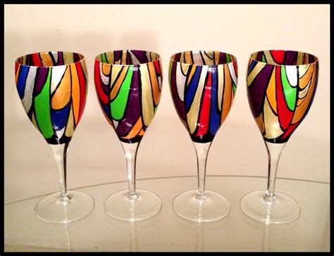 Hand Crafted Hand Painted Wine Glasses Abstract Colorful Stained Glass