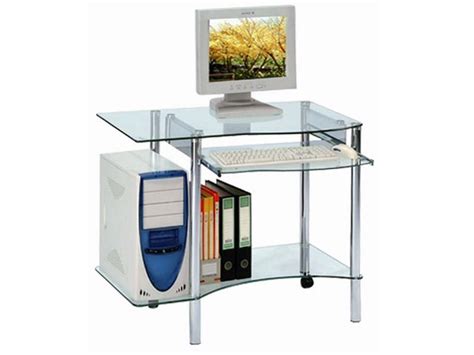 bureau informatique en verre trempe transparent avec tablette coulissante meubles bois massif