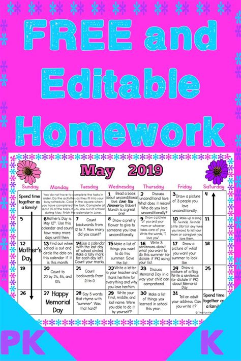 homework calendars   editable homework calendar preschool
