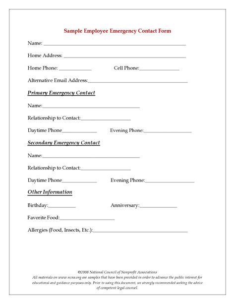 employee emergency contact form  word eforms  employee emergency contact form
