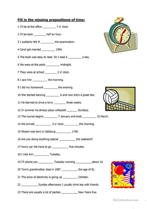 prepositions  time worksheet  esl printable worksheets
