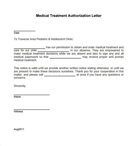 sample medical treatment authorization letter templates