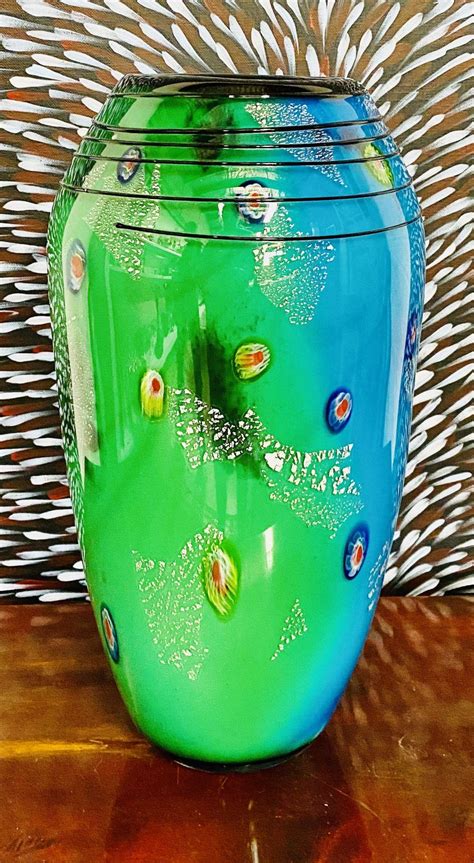 Contemporary Art Glass Vase Decorated In Blue And Green Tine